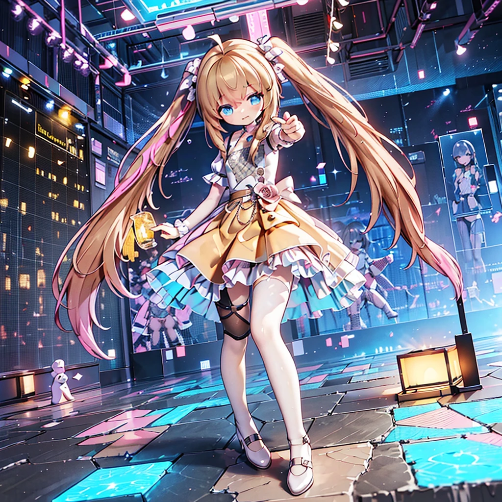 masterpiece, best quality, CG wallpaper, 8k, girl, solo,  cute, petite, Blue eyes, brown twintail, (yellow dress), open mouth smile, look away, dynamic angle, glitch, neon and led lights, front view, full body
