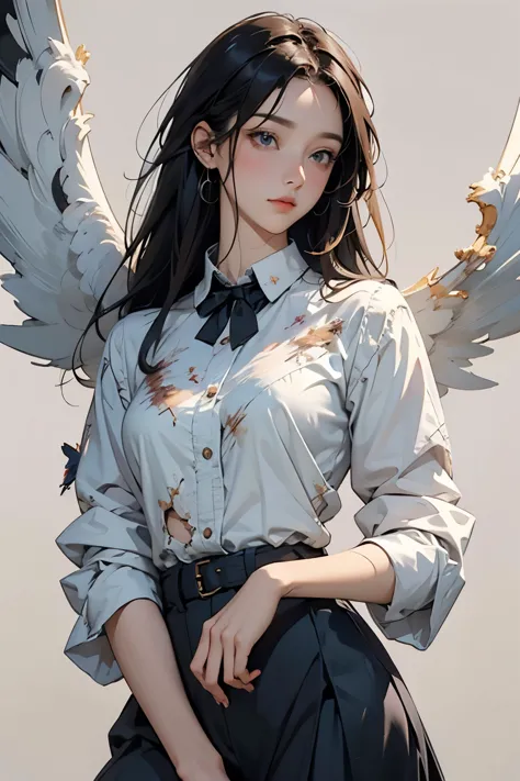 angel with broken wings、(tattered wings:1.4)、sexy and cute、tired look、((artwork, highest quality, high resolution)), ((highly de...