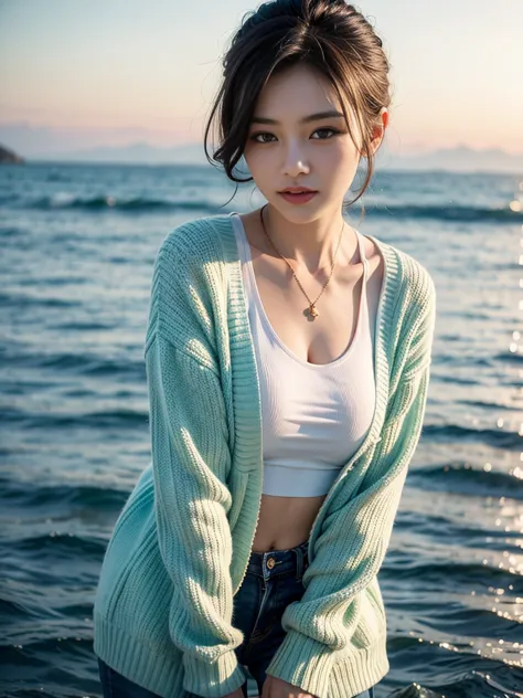 beautiful woman on a beautiful sea background, fluorescent light green see-through cardigan,