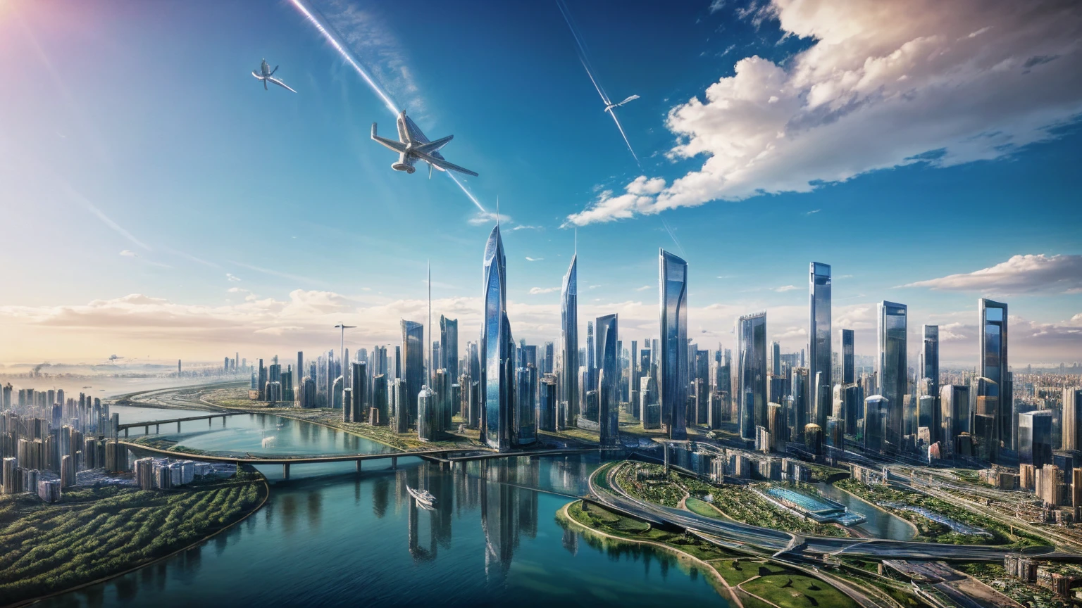 (Best quality,4K,8K,A high resolution,Masterpiece:1.2),Ultra-detailed,(Realistic,Photorealistic,photo-realistic:1.37),Futuristic floating city,Futuristic technology,Huge urban high-tech tablet platform,Airship,Floating in the sky,Futuristic city,Small airships around,High-tech hemispherical platform,Colorful lights,Advanced architecture,modernn architecture,skyscrapper,Access the cloud,Scenic beauty,view over city,Impressive design,Blend seamlessly with nature,energetic and vibrant atmosphere,Futuristic transportation system,Parking is suspended,Transparent path,Lush greenery,Sky gardens,cascading waterfalls,Magnificent skyline,reflections on the water,Sparkling river,Architectural innovation,futuristic skyscrapers,Transparent dome,The shape of the building is unusual,Elevated walkway,Impressive skyline,Glowing lights,Futuristic technology,Minimalist design,Scenic spots,Panoramic view,Cloud Piercing Tower,Vibrant colors,epic sunrise,epic sunset,Dazzling light display,magical ambiance,The future city,Urban Utopia,LuxuryLifestyle,Innovative energy,sustainable development,Smart city technology,Advanced infrastructure,Tranquil atmosphere,Nature and technology live in harmony,Awesome cityscape,Unprecedented urban planning,Architecture connects seamlessly with nature,High-tech metropolis,A cutting-edge engineering marvel,The future of urban living,Visionary architectural concept,Energy-efficient buildings,Harmony with the environment,A city floating above the clouds,Utopian dreams become reality,The possibilities are endless,State-of-the-art transportation network,Green energy integration,Innovative materials,Impressive holographic display,Advanced communication system,Breathtaking aerial view,Quiet and peaceful environment,Modernist aesthetics,Ethereal beauty