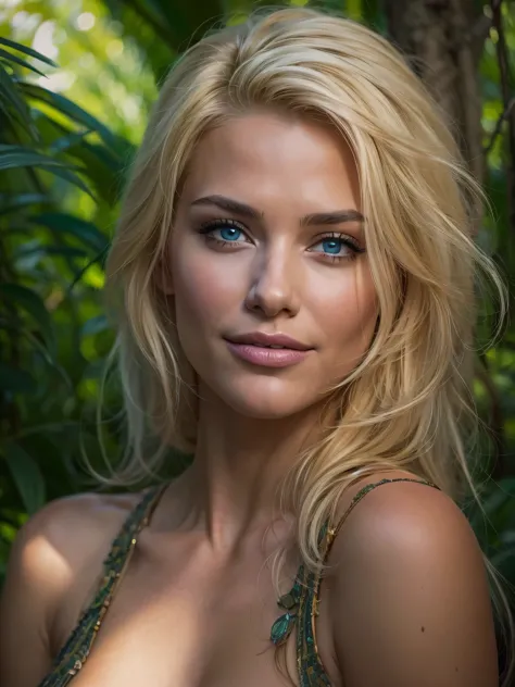 Extremely realistic, a beautiful topless amazon woman in a jungle of an island, blonde hair, blue eyes, (looking directly at you...
