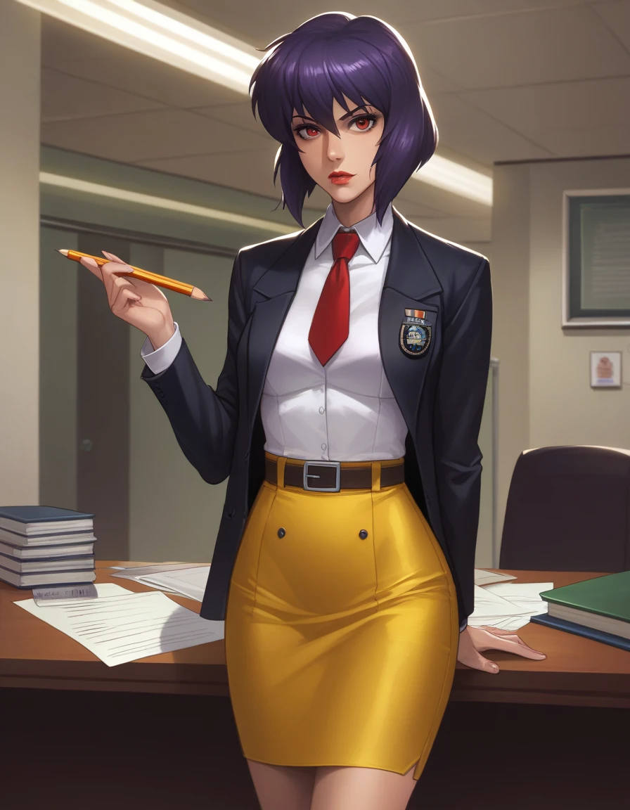 score_9, score_8_up, score_7_up, score_6_up, score_5_up, score_4_up,
kusanagi motoko, military, military uniform, red tie, yellow skirt suit, ribbon bar, sam browne belt,
looking at viewer, office, skirt suit, (((three-piece suit))), (((dress shirt))), (((necktie))), (((black blazer))), (((suit jacket))), (((waistcoat))), double-breasted waistcoat, (((bodycon pencil skirt))), pocket square, cufflinks, tie clip, tight clothing, formal clothing, makeup, lipstick, eyeshadow, mascara, slender figure, tailored suit,,