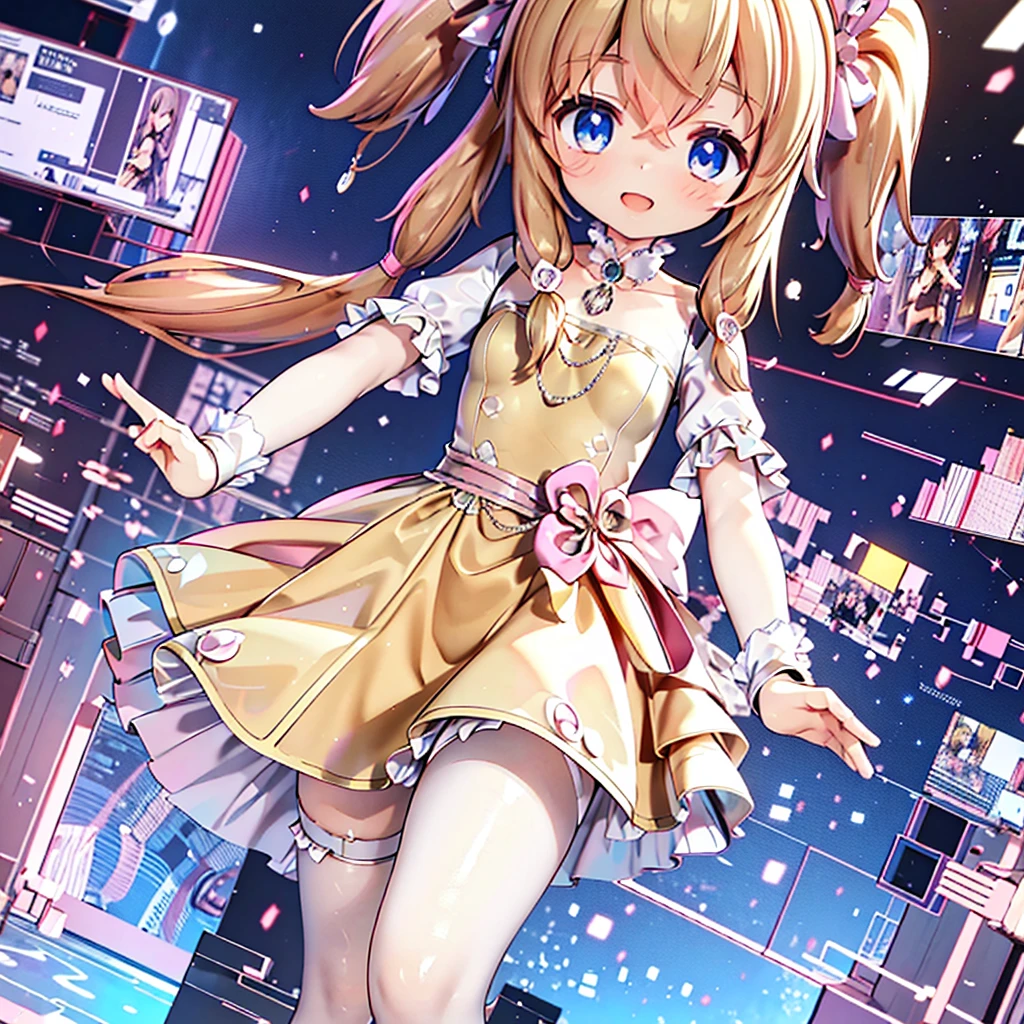 masterpiece, best quality, CG wallpaper, 8k, girl, solo,  cute, petite, Blue eyes, brown twintail, (yellow dress), open mouth smile, look away, dynamic angle, glitch, neon and led lights, stand in front of viewer, look up the sky
