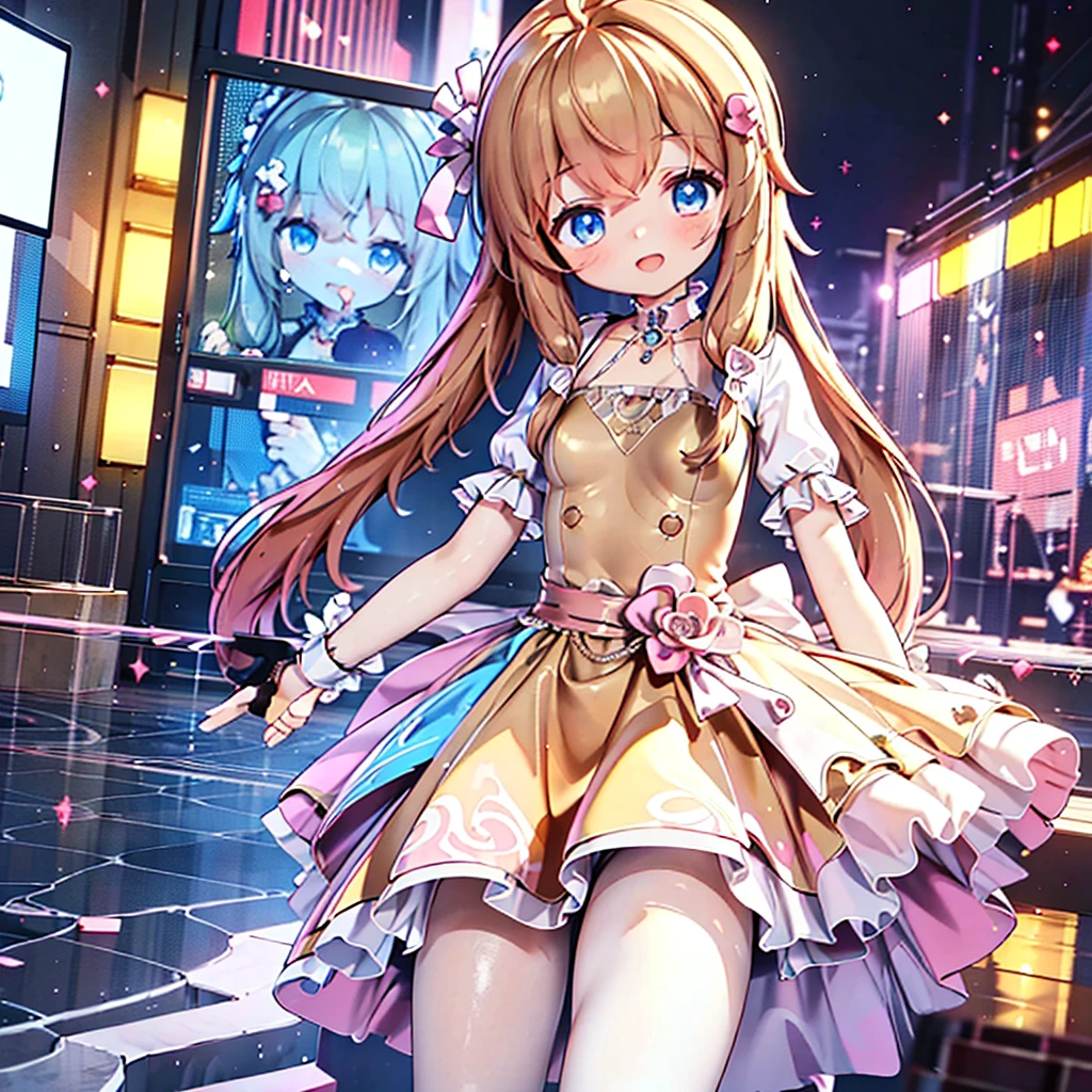 masterpiece, best quality, CG wallpaper, 8k, girl, solo,  cute, petite, Blue eyes, brown twintail, (yellow dress), open mouth smile, look away, dynamic angle, glitch, neon and led lights, back shot
