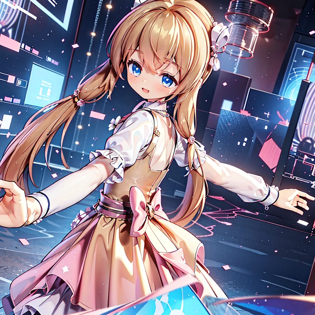 masterpiece, best quality, CG wallpaper, 8k, girl, solo,  cute, petite, Blue eyes, brown twintail, (yellow dress), open mouth smile, look away, dynamic angle, glitch, neon and led lights, back shot
