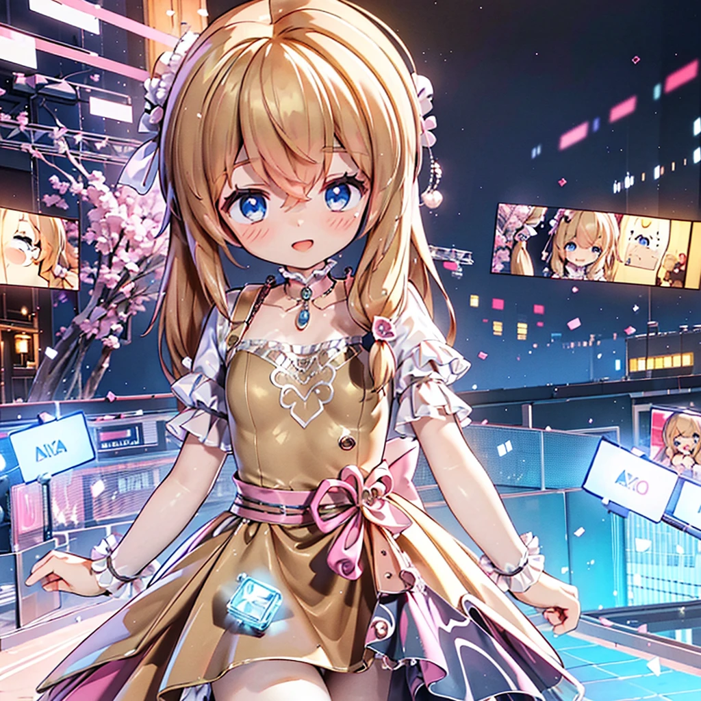 masterpiece, best quality, CG wallpaper, 8k, girl, solo,  cute, petite, Blue eyes, brown twintail, (yellow dress), open mouth smile, look away, dynamic angle, glitch, neon and led lights, back shot
