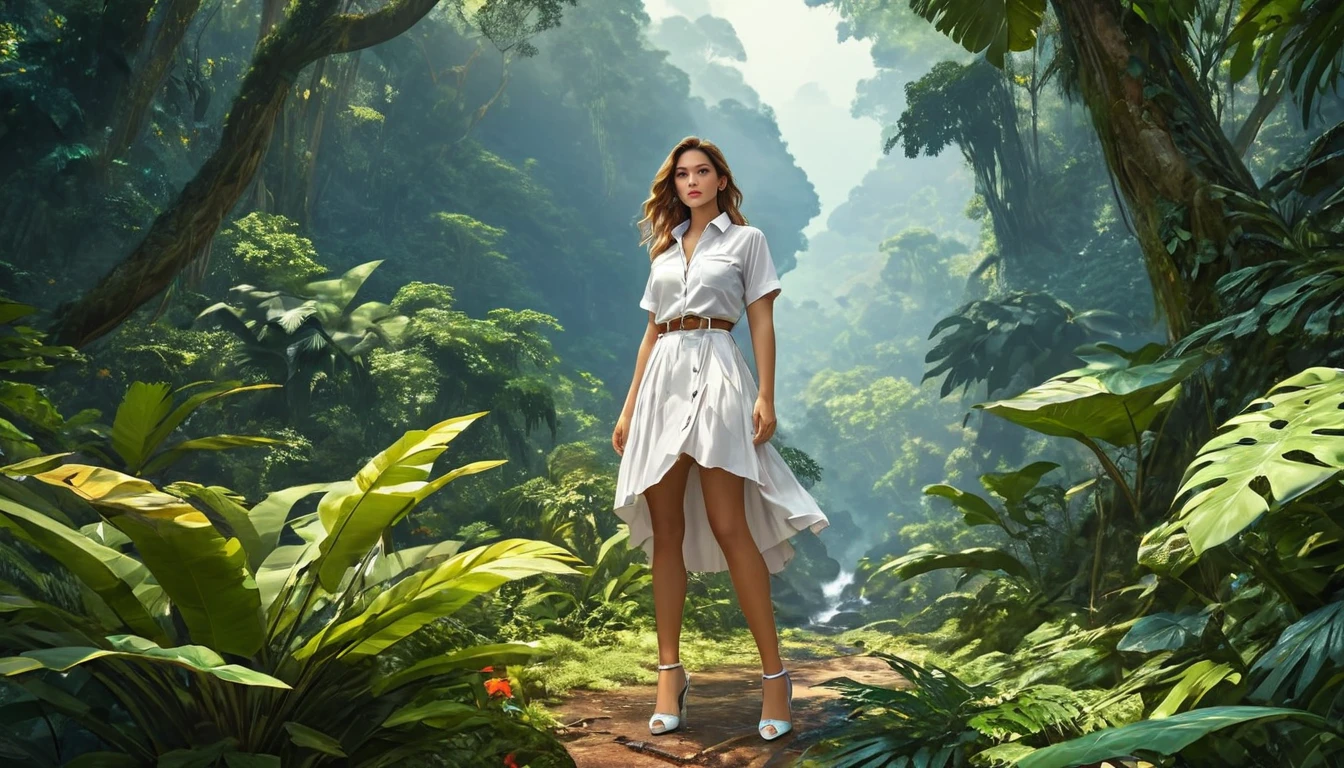 high details, best quality, 16k, [ultra detailed], masterpiece, best quality, dynamic angle, ultra wide shot, RAW, photorealistic, fantasy art, realistic art, a picture of a computer engineer  getting lost in the jungle, computer engineer, wearing white button shirt,  dynamic skirt, dynamic colors, wearing stiletto heels, full body, (an extremely beautiful: 1.3), (best detailed face: 1.4), dynamic hir color, dynamic hair style, dynamic eyes color, sense of confusion, sense of helplessness, jungle trees, plenty of (jungle veins: 1.2), (jungle flowers: 1.1), a (snake: 1.3) lurking by, high details, fantasy art, RPG art best quality, 16k, ultra detailed, masterpiece, best quality, (ultra detailed), full body, ultra wide shot, photorealistic, Hyperrealism style