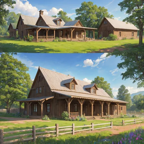 a cooperative farm building, a large rustic farmhouse, wooden structure with sloping roof, red brick walls, surrounded by lush g...