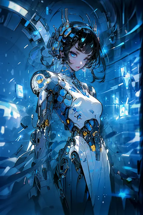 1girl,solo,cool,she is android,robot,machine,black and white,gold,in cyber world