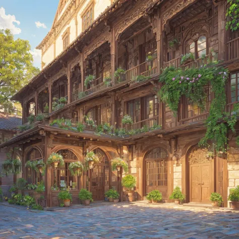 a cooperative farmers building, beautiful detailed architecture, ornate facade, rustic wooden beams, cobblestone streets, lush g...