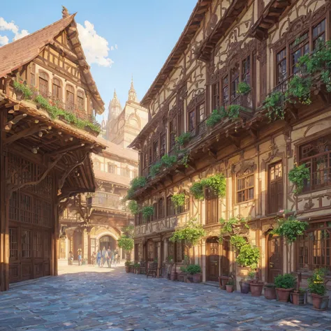 a cooperative farmers building, beautiful detailed architecture, ornate facade, rustic wooden beams, cobblestone streets, lush g...