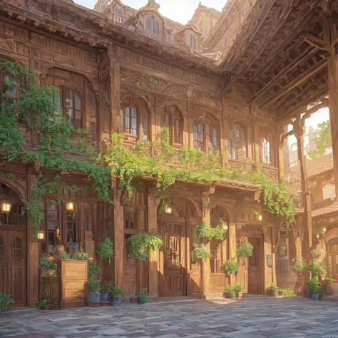 a cooperative farmers building, beautiful detailed architecture, ornate facade, rustic wooden beams, cobblestone streets, lush g...