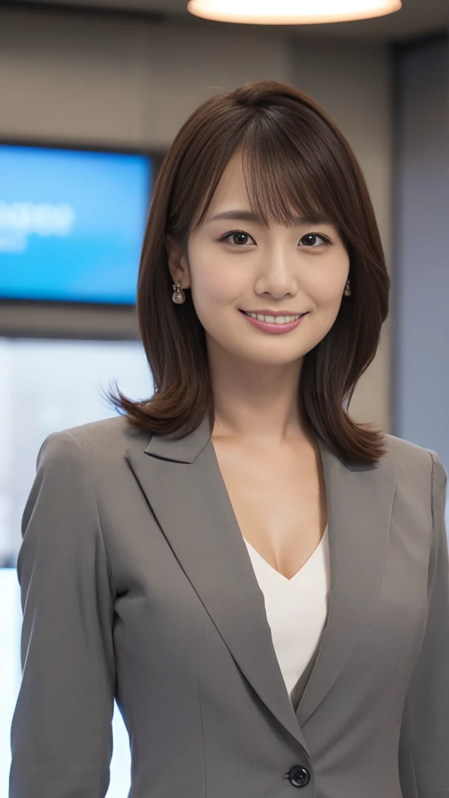 Tabletop, 最high quality, Photorealistic, In detail, High resolution,Beautiful Japanese Women,Beautiful attention to detail, Beautiful lip detail, Highly detailed face, Small Head, Small areola, Cinema Lighting, Realistic, 8k, high quality, Super detailed, look at me,smile,(Office lady in grey suit:1.4),(Random Location),(Medium chest:1.2),,thin,Beautiful legs,(Sexy pose:1.2), (Bokeh:1.3),