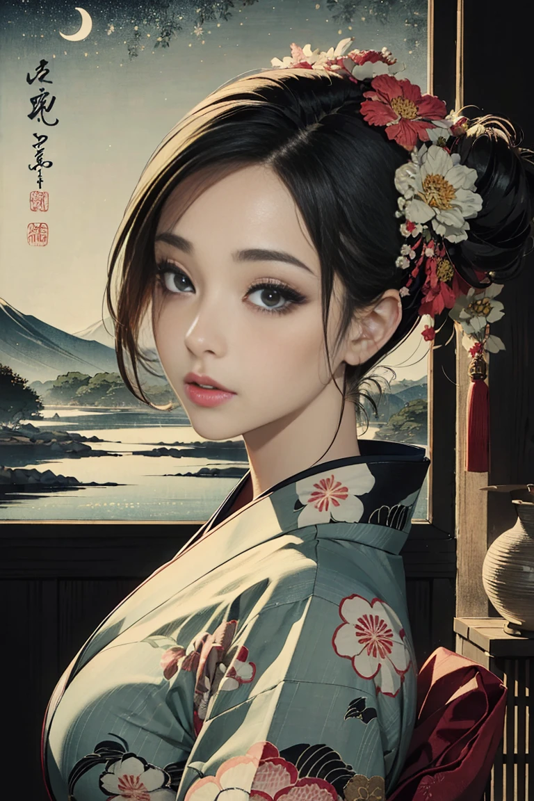 (Highest quality、 8k 、masterpiece、High resolution)、(whole body)、Vibrant colors、Brown-black bob、Traditional round topknot、Ample breasts、(Highly detailed face and eyes、Beautiful Face、Beautiful Eyes、Beautiful nose、Pretty lips)、Detailed Art,(Japanese painting), (Beautiful woman in kimono),(Vivid floral patterned kimono), background、river、bridge、Mountain、wood、Starry Sky、moon、Detailed CG、