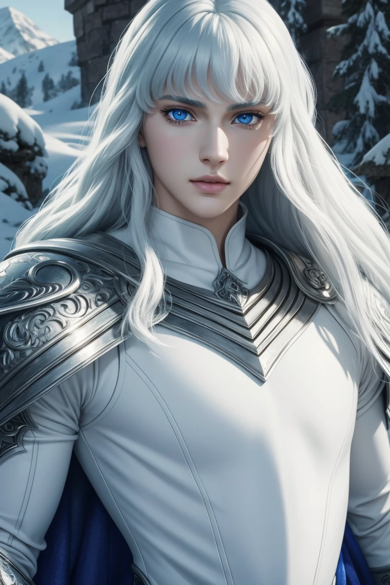 Griffith,Berserk,male,super beautiful teenager,Long hair with white perm,Crystal clear blue eyes,Beautiful white skin,Ultra HD,super high quality,masterpiece,Digital SLR,Photorealistic,Detailed details,Vivid details,Depicted in detail,A detailed face,Detailed details,Super Detail,Realistic skin texture,Anatomical basis,Perfect Anatomy,Anatomically correct hand,Anatomically correct fingers,Complex 3D rendering,Fearless look,Beautiful snowy scenery,