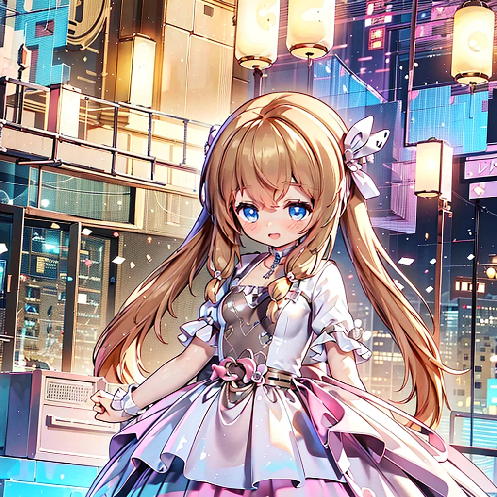 masterpiece, best quality, CG wallpaper, 8k, girl, solo,  cute, petite, Blue eyes, brown twintail, (yellow dress), open mouth smile, look away,  glitch, neon and led lights, view from below 
