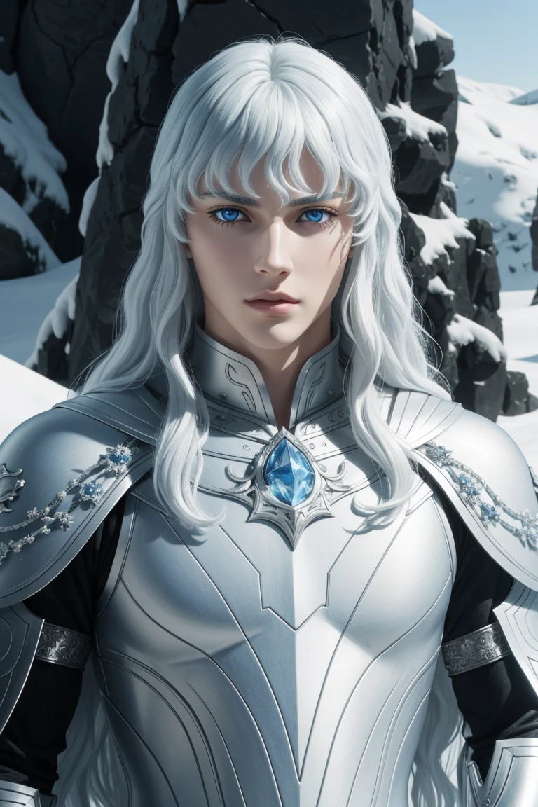 Griffith,Berserk,male,super beautiful teenager,Long hair with white perm,Crystal clear blue eyes,Beautiful white skin,Ultra HD,super high quality,masterpiece,Digital SLR,Photorealistic,Detailed details,Vivid details,Depicted in detail,A detailed face,Detailed details,Super Detail,Realistic skin texture,Anatomical basis,Perfect Anatomy,Anatomically correct hand,Anatomically correct fingers,Complex 3D rendering,Fearless look,Beautiful snowy scenery,