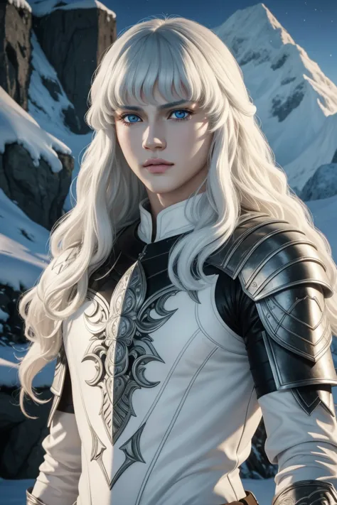 griffith,berserk,male,super beautiful teenager,long hair with white perm,crystal clear blue eyes,beautiful white skin,ultra hd,s...