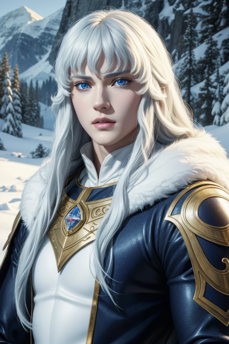 Griffith,Berserk,male,super beautiful teenager,Long hair with white perm,Crystal clear blue eyes,Beautiful white skin,Ultra HD,super high quality,masterpiece,Digital SLR,Photorealistic,Detailed details,Vivid details,Depicted in detail,A detailed face,Detailed details,Super Detail,Realistic skin texture,Anatomical basis,Perfect Anatomy,Anatomically correct hand,Anatomically correct fingers,Complex 3D rendering,Fearless look,Beautiful snowy scenery,