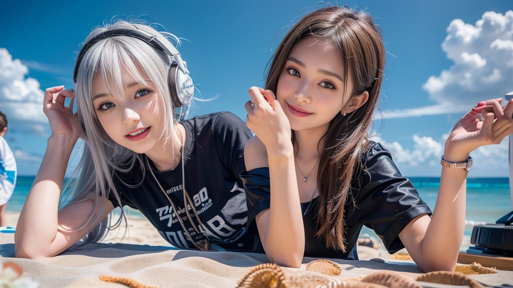 (ultra - detailed, 16K resolution, Cinema lenses, rendering by octane), (high resolution:1.18), intricate detail, (masterpiece:1.1), (highest quality:1.1), (1girl, portrait, white hair, blue eyes, short hair, detailed eyes),Wearing silver DJ headphones, sequined T-shirt, (in the beach:1.5), (Iconic hip-hop pop costumes:1.3), Smile while DJing on stage, DJ studio next to the beach, ((A stylish DJ stage on a hill overlooking the beach)), full body shot, Photorealistic photography by Sunshine, (cute round face:1.3), perfect fingers, five fingers, beautiful hands, perfect hands. master peace, cute smile, Fixhand.