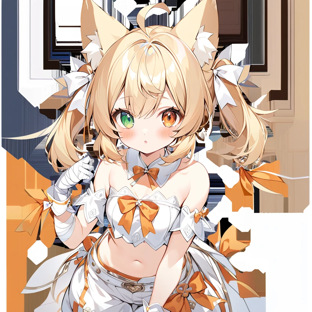 1girl, ahoge, animal ear fluff, animal ears, bangs, bare shoulders, blonde hair, , bow,  fox ears, detached collar, detached sleeves, , fox ears, green eyes, hair ribbon, heterochromia, orange bow, orange eyes, orange ribbon, parted lips, ribbon, sidelocks, solo, transparent background, twintails, virtual youtuber, white background The fox girl,1girl,short hair, The hairstyle is like Klee's,animal ears, bangs, bare shoulders, blonde hair, blush, bow, breasts, white cleavage, cropped torso, , green eyes, hair ribbon, heterochromia, , looking at viewer, , orange bow, orange eyes, orange ribbon,  ribbon, solo, stuffed animal, , , twintails, upper body, full-length, white legbands, white shoes with lace and white bows, white background, wrist cuffs, yellow eyes, bloomers, close-up, fair skin frills, lace, midriff, skirt, solo, , white background,shorts, white top with ribbon and lace and trousers,trousers, genshin,white slippers with a bow,All clothes are white, laceAt full height, it stands,bandaged hands, short hair , ankle lace-up, ankle ribbon, bow, leg ribbon, lineart, , shoes, , standing, , white bow, white footwear,