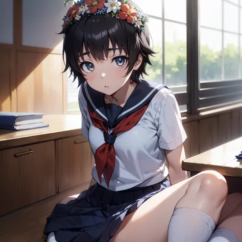 Kyoto Animation,shinkai makoto,uiharukazari, Kazari Uiharu, (black eye:1.5), Black Hair, flower, hair flower, hair ornaments, fl...