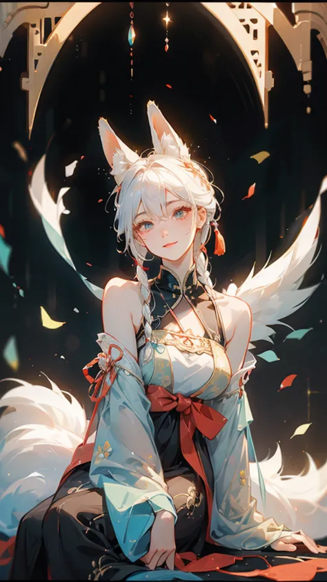 a fox girl image：work clothes，new chinese style;everyday wear，try various modern styles。white hair。big fox ears in front of the ...