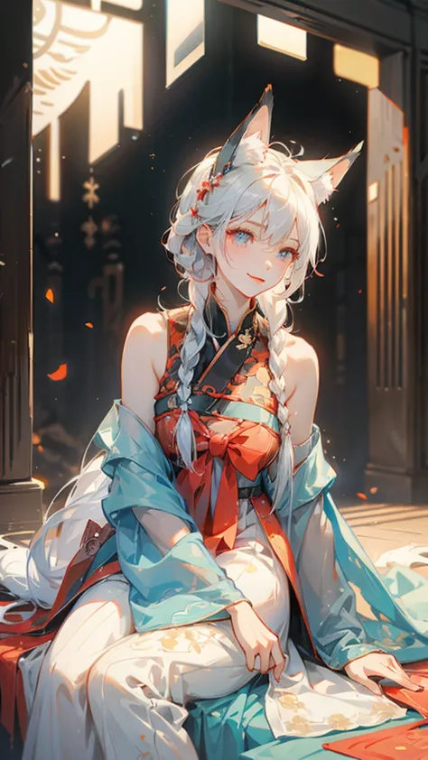 a fox girl image：work clothes，new chinese style;everyday wear，try various modern styles。white hair。big fox ears in front of the ...