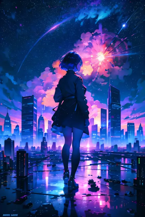 a girl with short hair stands in awe beneath a vibrant surreal night sky, the heart of a futuristic city, the towering skyscrapers are dwarfed by the cosmic spectacle above, colorful nebule and shooting stars pain the clouds in a kaleidoscope of hue, the city lights reflect in puddles on the ground