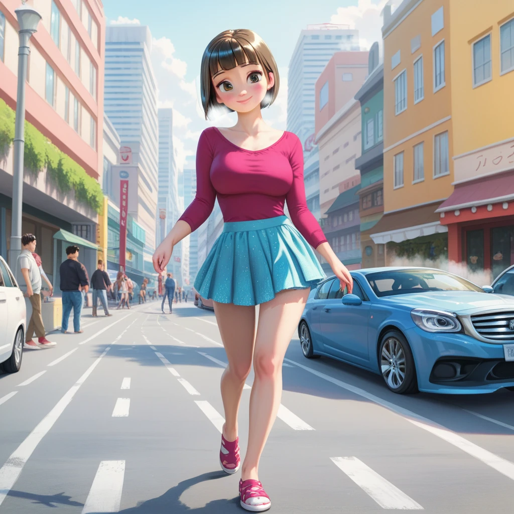 score_9,score_8_up,score_7_up,masterpiece,best quality, source anime, realistic, super detailed, extreme detailed, rating_safe,
1girl, walking, ice age, (iced Tokyo city:1.3), street, frozen city, frozen building, frozen road, frozen cars,
BREAK girl, 22yo, short hair, bob cut, (blunt bangs), black hair, (tareme, detailed cute brown eyes), curled eyelashes, (large breasts:0.9), 
shiny hair, beautiful detailed eyes, beautiful face,
summer fashion, no sleeves, mini skirt,
blush, smile, (steam),