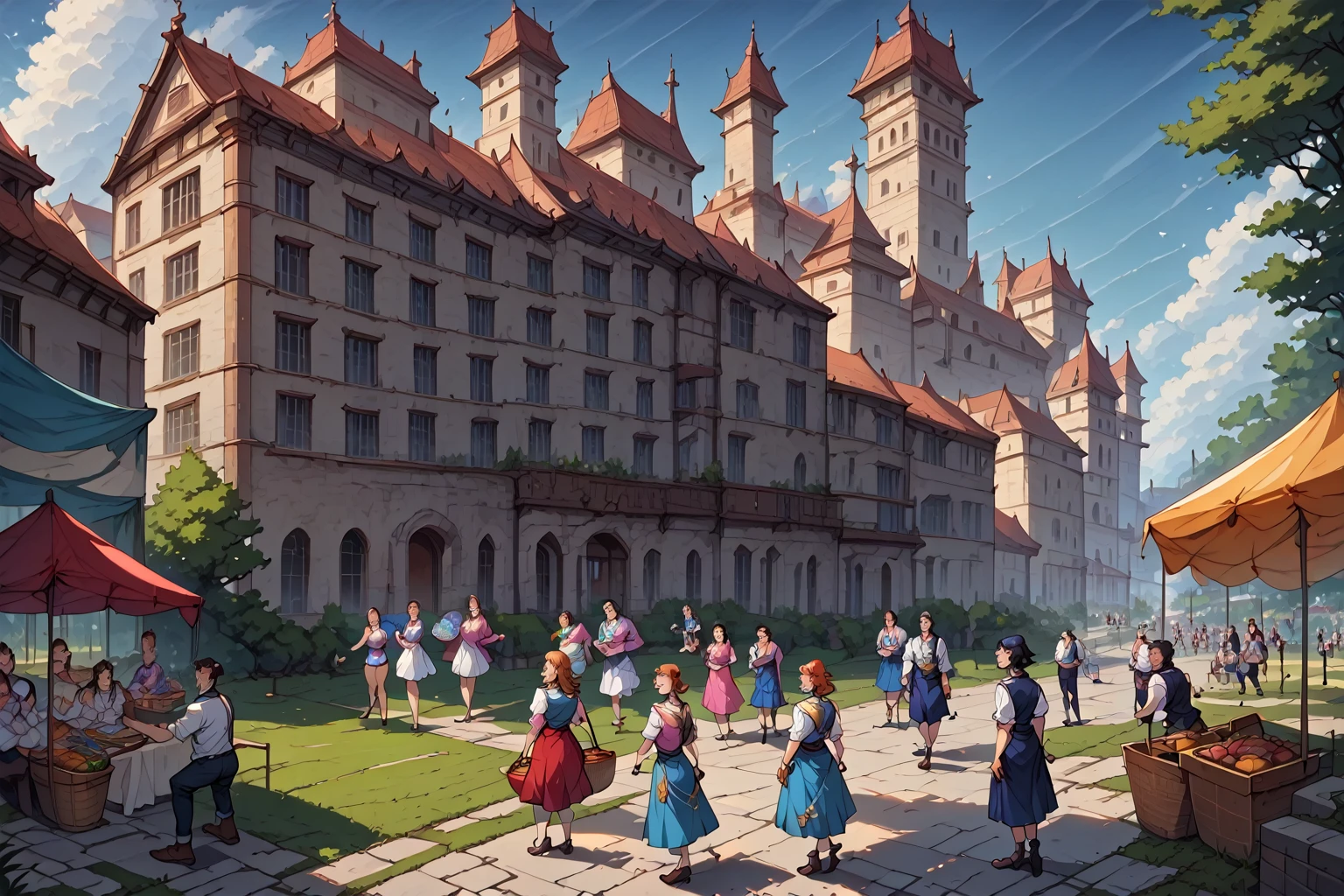 score_9, score_8_up, score_7_up, source_anime,masterpiece, best quality, high resolution, extremely detailed CG, absurdres, highres, fantasy art, Morning mist clings to cobblestone streets as vendors in vibrant attire hawk exotic wares amidst ancient architecture. Towering spires and ornate facades mingle with humble market stalls, while a diverse array of faces - humans, elves, dwarves, and more - hurry about with baskets, bundles, and curious gazes. The air is alive with the cacophony of merchants' calls, hammering on metal, and the sweet scent of fresh bread wafts through the chaotic scene, neondskdrmsxl