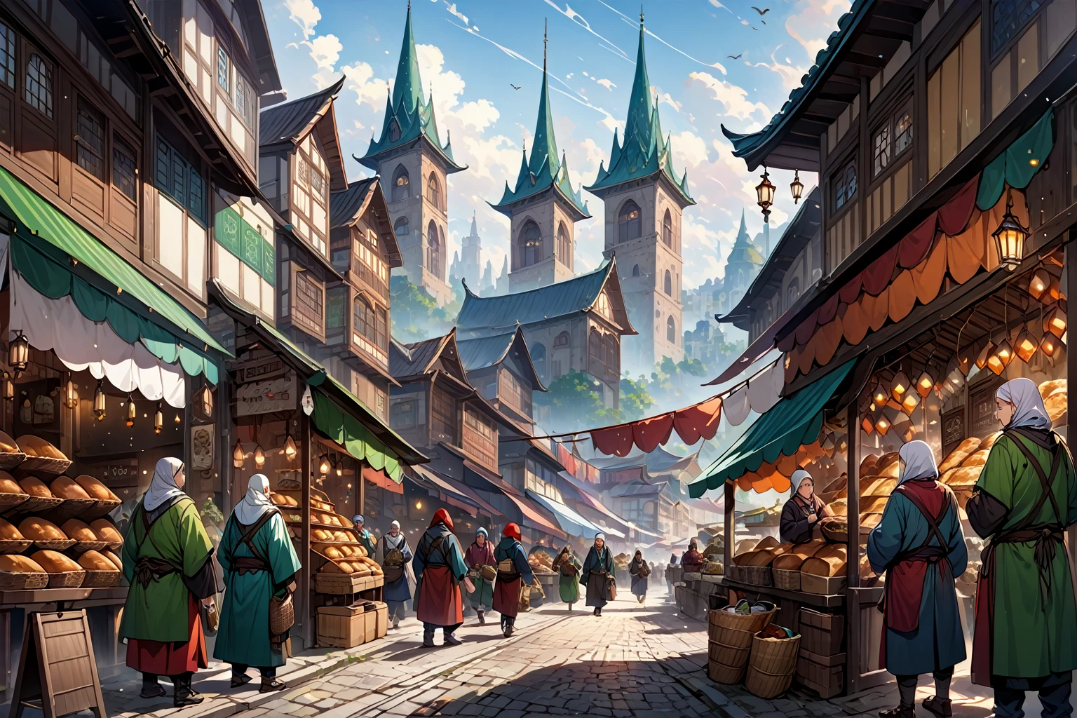 score_9, score_8_up, score_7_up, source_anime,masterpiece, best quality, high resolution, extremely detailed CG, absurdres, highres, fantasy art, Morning mist clings to cobblestone streets as vendors in vibrant attire hawk exotic wares amidst ancient architecture. Towering spires and ornate facades mingle with humble market stalls, while a diverse array of faces - humans, elves, dwarves, and more - hurry about with baskets, bundles, and curious gazes. The air is alive with the cacophony of merchants' calls, hammering on metal, and the sweet scent of fresh bread wafts through the chaotic scene, neondskdrmsxl