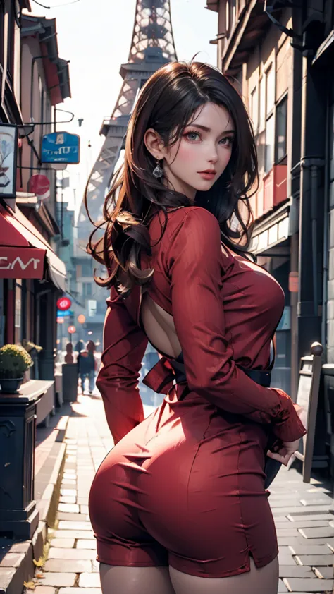 stunning 3d rendering of a beautiful woman in shorts, red dress, lush tree々posing seductively in a narrow alley surrounded by. t...