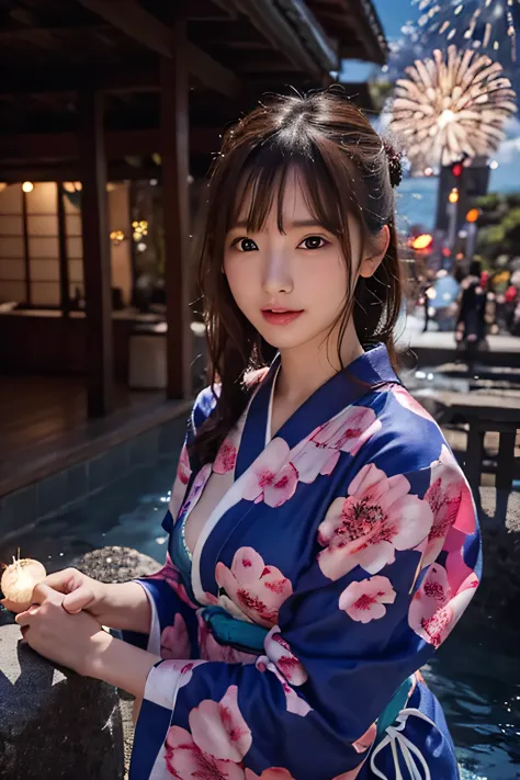 UHD, high quality, best quality, 16k,4K(8K),A girl wearing a yukata watching fireworks at a fireworks festival in Tokyo