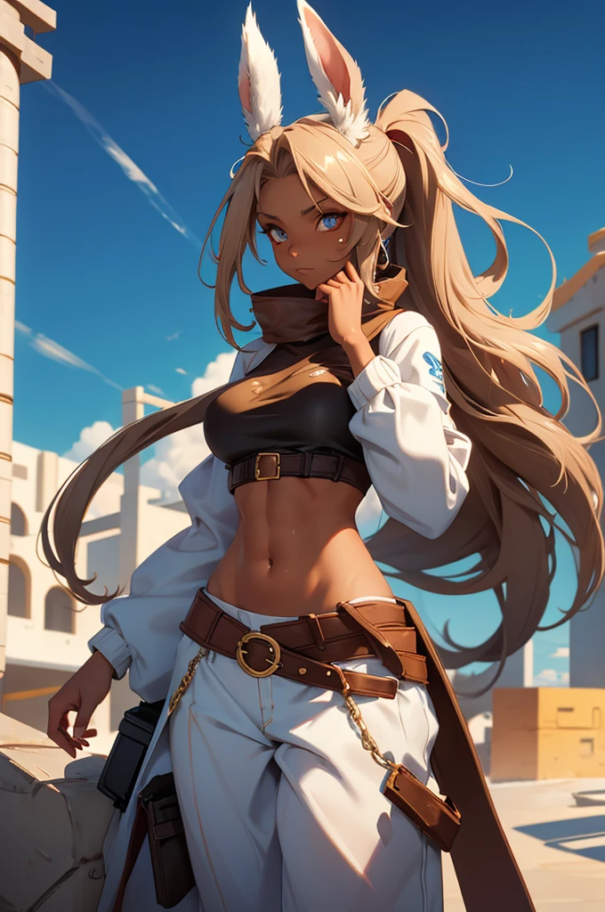 Bunny woman, rabbit woman, baggy pants, belt, blue eyes, tan skinned female, tanned, tan skin fingernails,, long pony tail, light brown hair, midriff