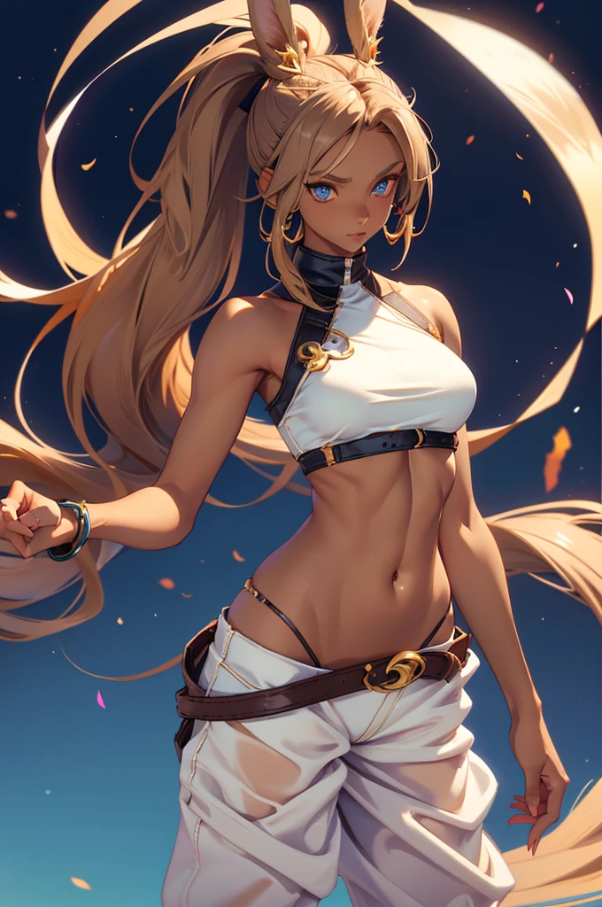 Bunny woman, rabbit woman, baggy pants, belt, blue eyes, tan skinned female, tanned, tan skin fingernails,, long pony tail, light brown hair, midriff