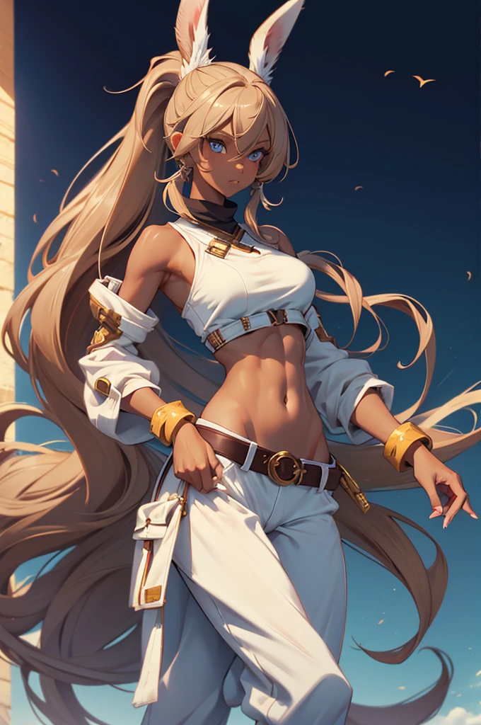 Bunny woman, rabbit woman, baggy pants, belt, blue eyes, tan skinned female, tanned, tan skin fingernails,, long pony tail, light brown hair, midriff