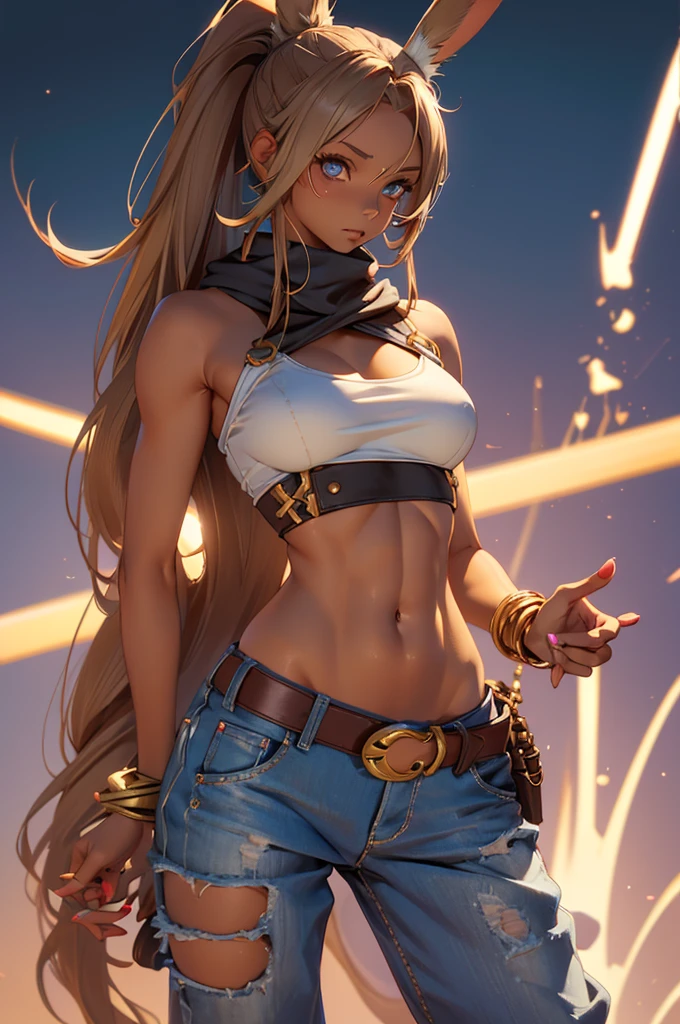 Bunny woman, rabbit woman, baggy pants, belt, blue eyes, tan skinned female, tanned, tan skin fingernails,, long pony tail, light brown hair, midriff