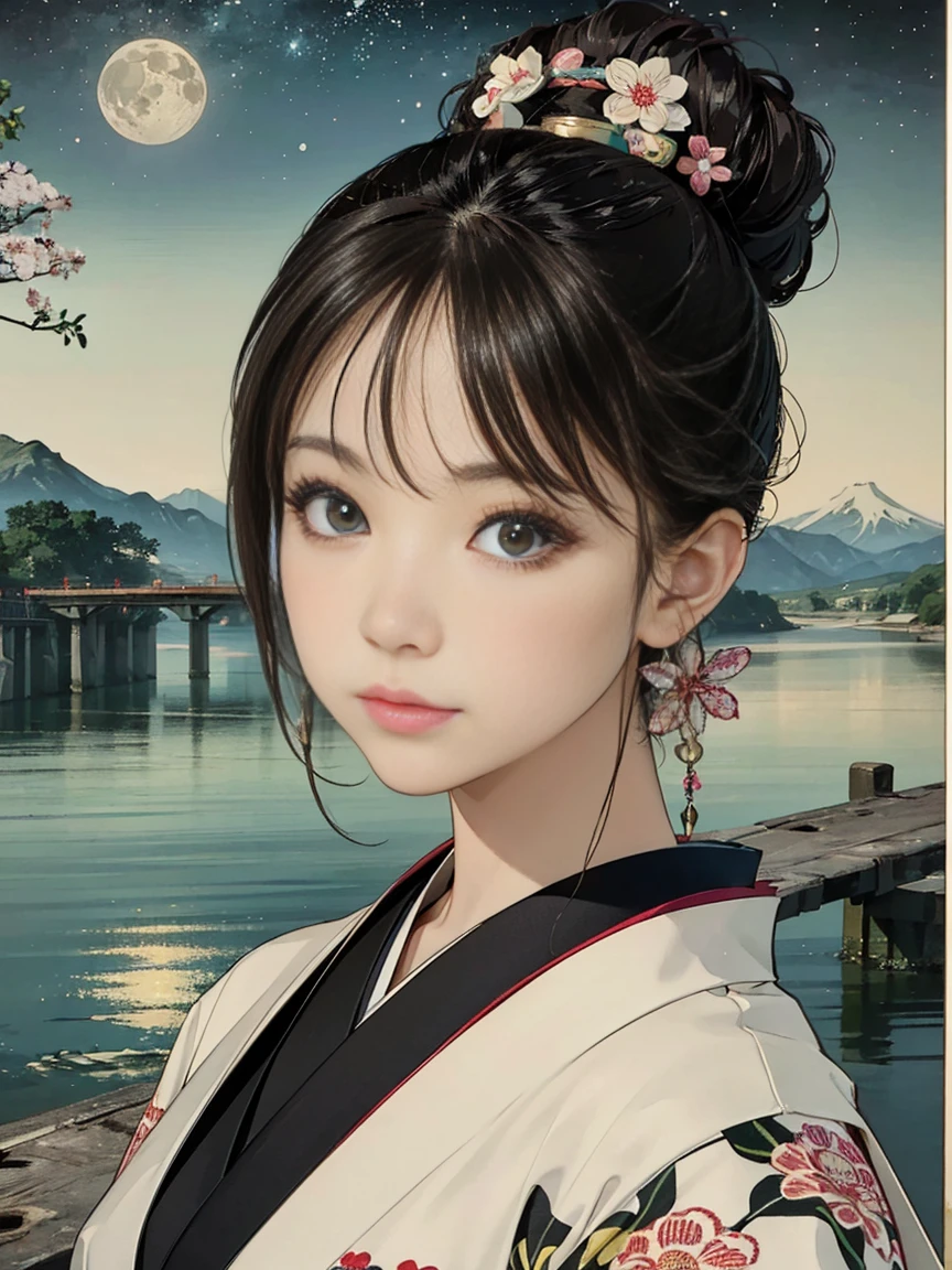 (Highest quality、 8k 、masterpiece、High resolution)、(whole body)、Vibrant colors、Brown-black bob、Traditional topknot、Ample breasts、(Highly detailed face and eyes,Beautiful Face,Beautiful Eyes,Beautiful nose,Pretty lips)、Official Art、(Japanese painting)、 (Beautiful woman in kimono)、(Vivid floral patterned kimono)、background、river、bridge、Mountain、wood、Starry Sky、moon、Detailed CG、