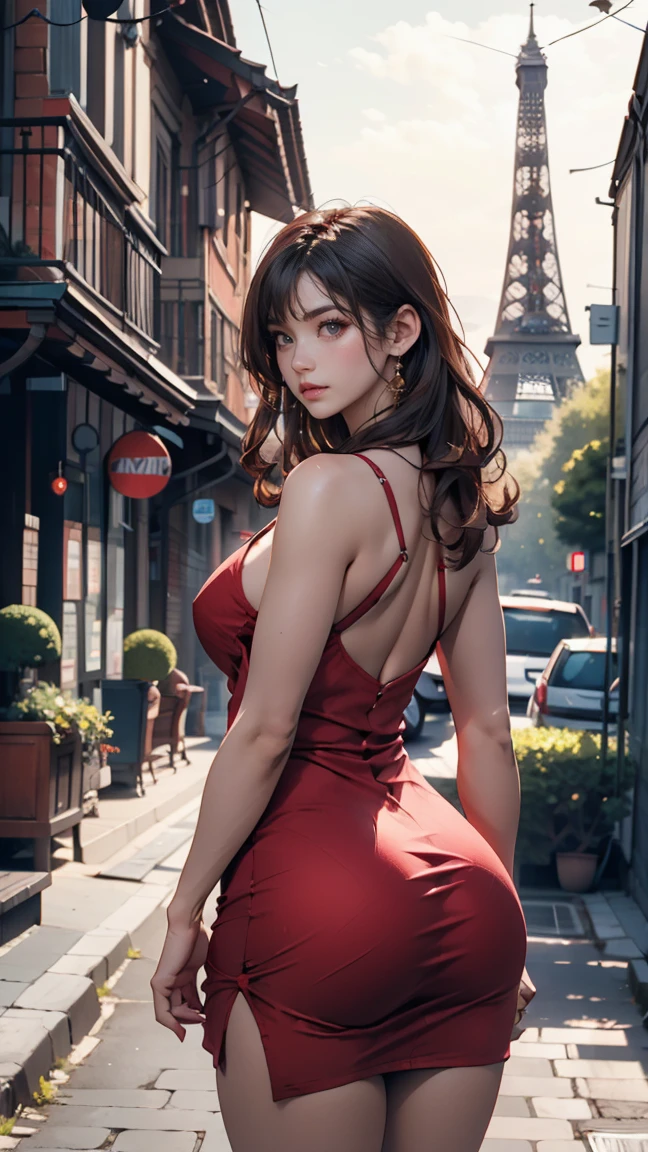 Impressionante renderização em 3D de uma linda mulher de shorts, vestido vermelho, Árvore exuberante々posando sedutoramente em um beco estreito cercado por. A icônica Torre Eiffel ao fundo々Parado ali. Mulher levanta o vestido de brincadeira、Mostrando sua bunda atraente。, Torne a cena sensual e lúdica. As fotos têm um acabamento vibrante e brilhante, Destaca curvas femininas e corpo completo.