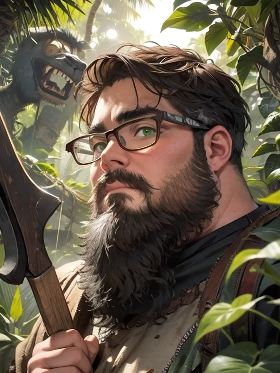 One boy, beard, Glasses, obesity, Explorer, jungle, Lush, mysterious, ancient ruins, (Vintage Gear), Machete, Big tree々, Sunshine pours in, Animals in the wild, Dark green leaves, Vines, Labyrinthine, adventure, discovery