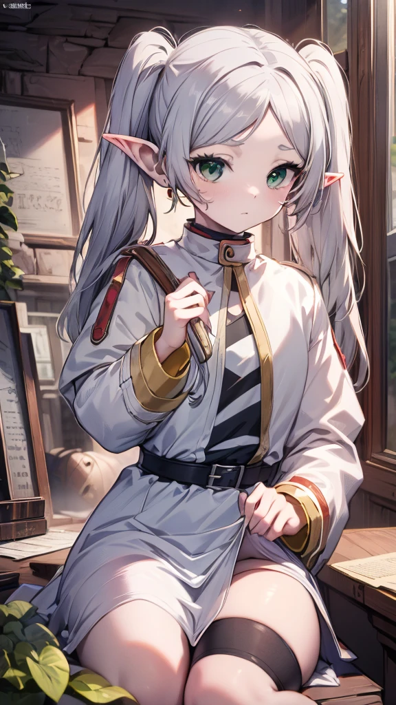 8k, high quality, High resolution, realist, Attention to details, Very detailed face, ((masterpiece)),
((freeze base)), beautiful girl, (flat body), to combine, pointy ears, gray hair, (long twin tails), green eyes, personal,
White coatlet, striped shirt, White skirt, long sleeve, belt,  White coat, magic, magic circle, (Ruins in poor condition), medieval village, Attractive Pose,Hold the spellbook and cast magic、thighs、barefoot、pants、underwear、half naked