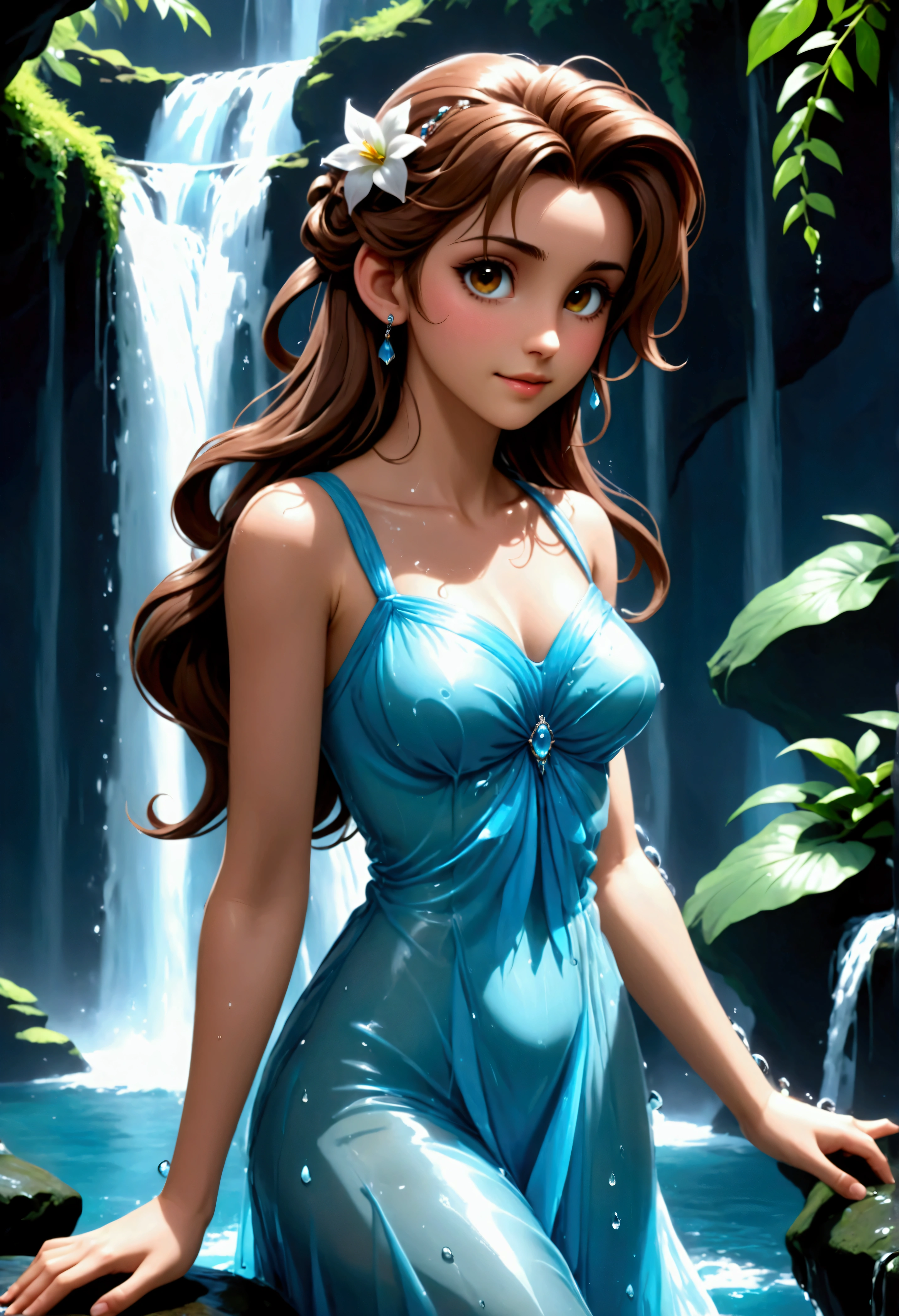 (Realisttic:1.2), analog photo style, (cute Aerith Gainsborough, posing in a waterfall), wearing in a long dress made from water, transparent wet dress, long waves hair, washing in the waterfall, standing in the waterfall, playing with waterdrops, water backdrops, perfect anatomy, great quality, Masterpiece, intricate slim body, ethereal  aesthetic, 16k quality, analog photo style, RAW photo