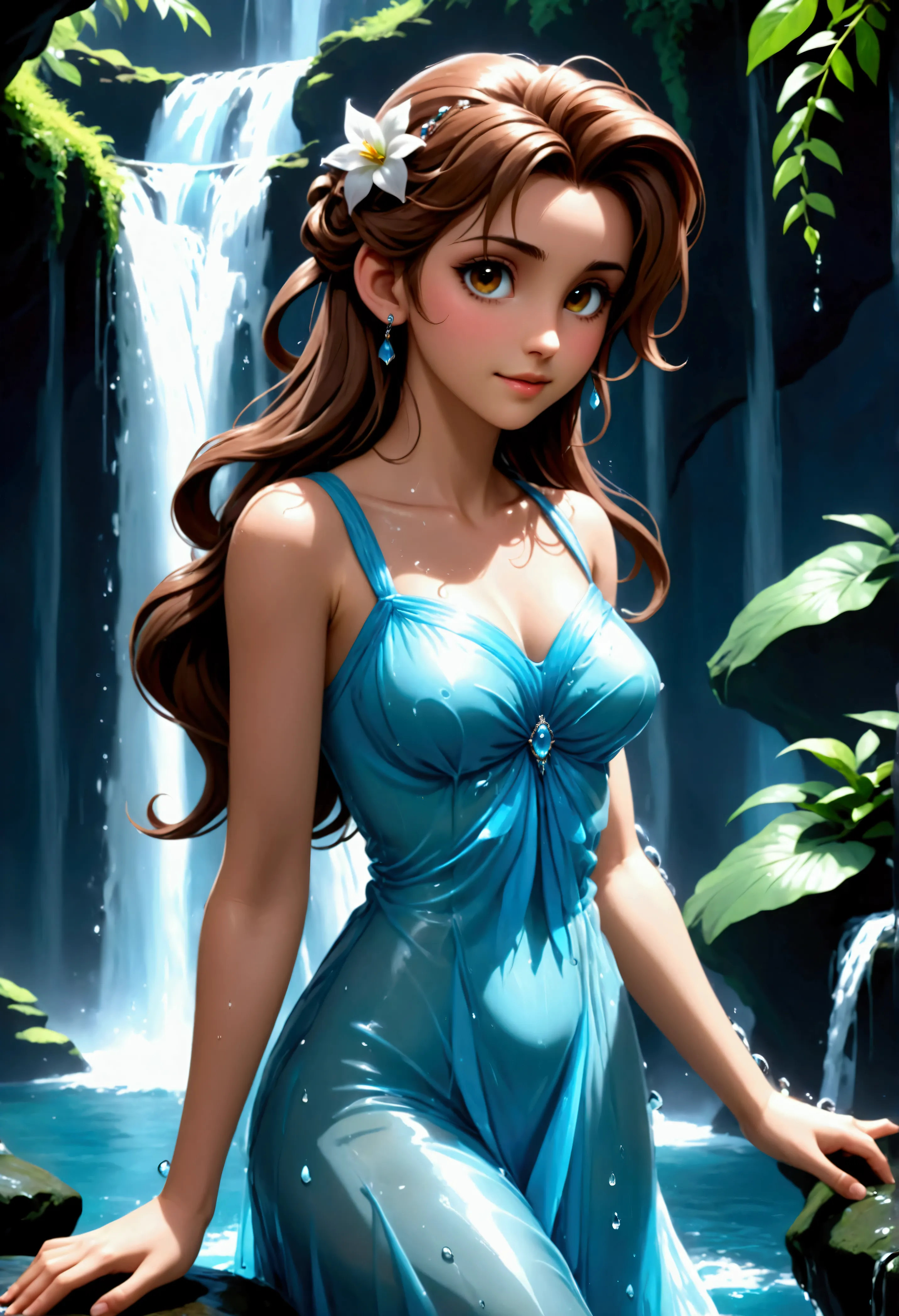 (Realisttic:1.2), analog photo style, (cute Aerith Gainsborough, posing in a waterfall), wearing in a long dress made from water...