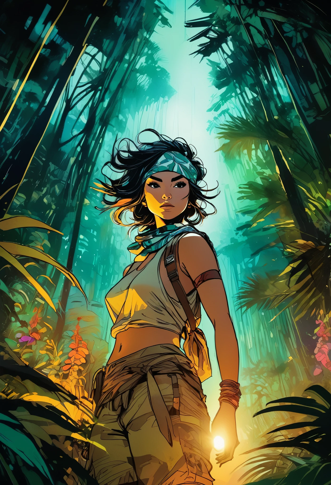 close-up of a female jungle adventurer,  wearing a bandana,  dynamic poster,  alcohol ink,  serene jungle scene with tall standing ancient trees,  moonlight filtering through leaves,  flowers,  luminism,  glowing,  wide angle,  translucent colorful,  night,  sharp focus,  Studio photography,  Intricate details,  Highly detailed,  dark fantasy,  conceptual art,  complex,  composition,  digital illustration,  Rim lighting,  vanishing point, 
Extremely realistic,  shot in RAW format.
Art by Jim Mahfood,  Henry Asensio,  Greg Rutkowski,  Studio Ghibli Genshin Impact, ink,