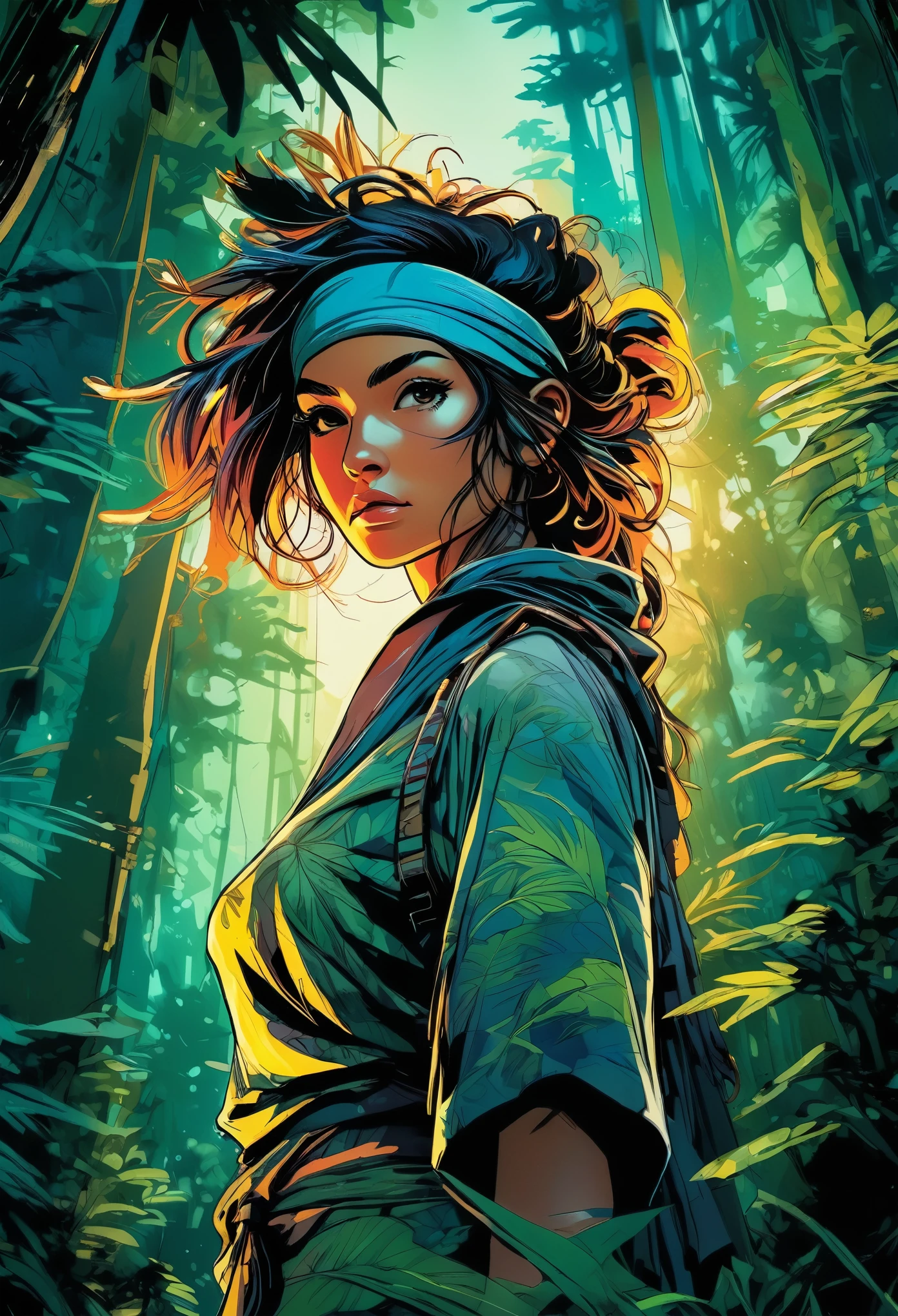 close-up of a female jungle adventurer,  wearing a bandana,  dynamic poster,  alcohol ink,  serene jungle scene with tall standing ancient trees,  moonlight filtering through leaves,  flowers,  luminism,  glowing,  wide angle,  translucent colorful,  night,  sharp focus,  Studio photography,  Intricate details,  Highly detailed,  dark fantasy,  conceptual art,  complex,  composition,  digital illustration,  Rim lighting,  vanishing point, 
Extremely realistic,  shot in RAW format.
Art by Jim Mahfood,  Henry Asensio,  Greg Rutkowski,  Studio Ghibli Genshin Impact, ink,