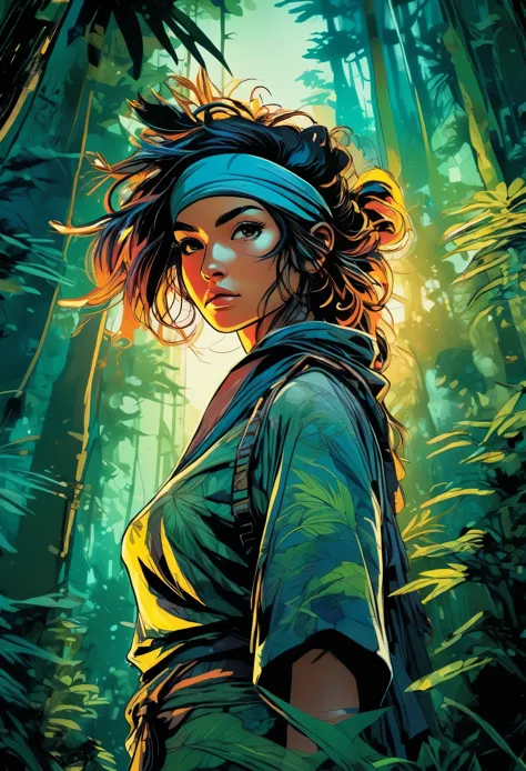 close-up of a female jungle adventurer,  wearing a bandana,  dynamic poster,  alcohol ink,  serene jungle scene with tall standi...