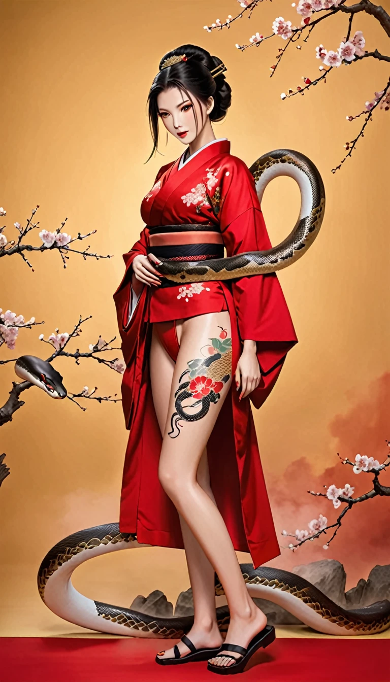 (masterpiece), best quality, expressive eyes, perfect face, HD, Benisato, kunoichi, snakes tattooed, She is a tall and matured woman with a slender curvaceous build with long legs and arms, Although a ninja herself, Benisato has the appearance of a beautiful and seductive geisha, She has porcelain skin and long dark hair tied back in a coif with a hairpin and traditional comb, Benisato is covered in serpent tattoos that come alive when she uses her powers and will usually appear naked during a battle to throw off her male victims, She wears traditional Japanese geisha robes, full body, pants, long sleeves, Vest, sandals, kimono, Hongli, snakes supranatural 