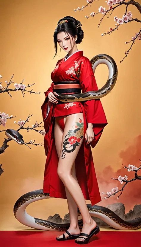 (masterpiece), best quality, expressive eyes, perfect face, hd, benisato, kunoichi, snakes tattooed, she is a tall and matured w...