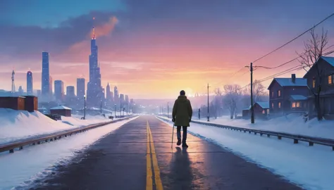 a person standing on a snowy road, modern city, expansive, long shot, aesthetic photography, low brightness, dim, cool color pal...
